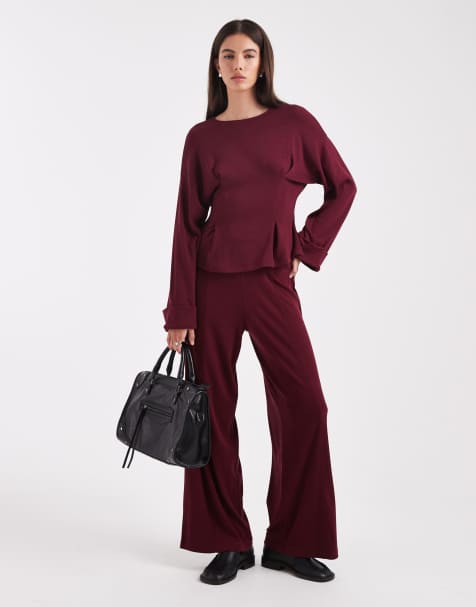 ASOS DESIGN – Mörkröda, finstickade byxor med vida ben - view 1