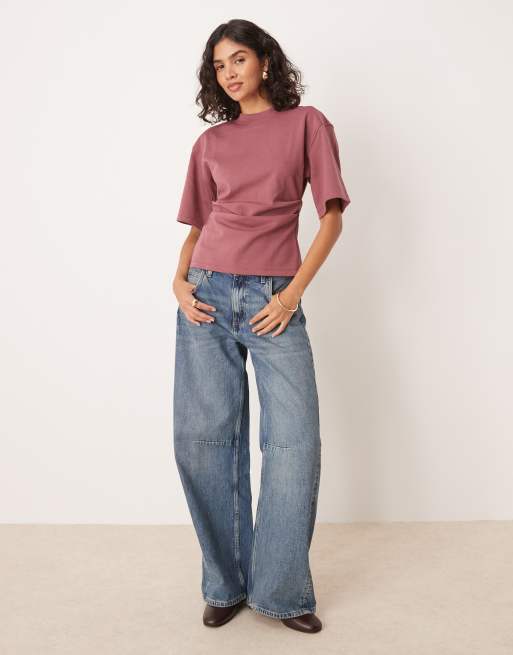 ASOS DESIGN – Mörkrosa t-shirt med korsettmidja och sömdetaljer, 3 av 4