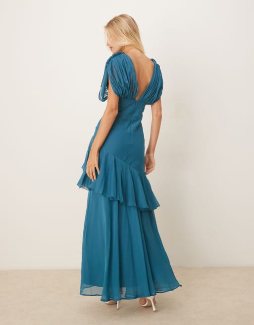 ASOS DESIGN – Mörkt blågrön, diagonalskuren maxiklänning med blusärmar och volangfåll, 2 av 4