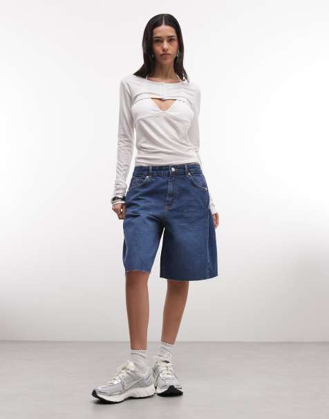 ASOS DESIGN – Mörkt mellanblå bermudashorts i denim med veck i sidan - view 1