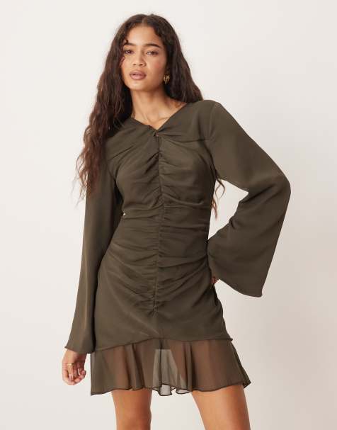 ASOS DESIGN – Mörkt olivgrön miniklänning med rynkad överdel - view 1