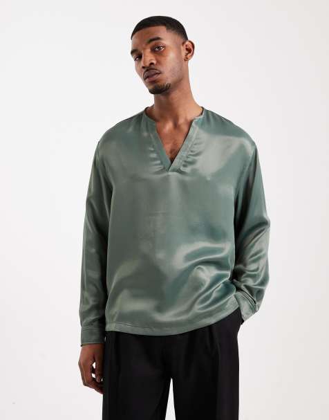 ASOS DESIGN – Mörkt salviagrön satinskjorta i oversize och dra på-modell - view 1