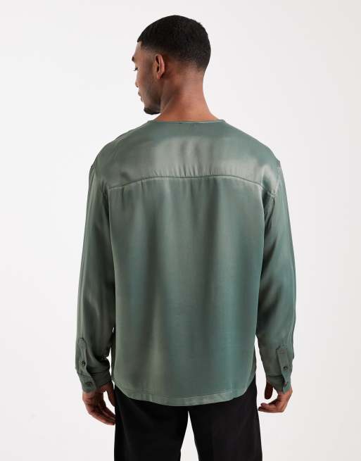 ASOS DESIGN – Mörkt salviagrön satinskjorta i oversize och dra på-modell, 3 av 5