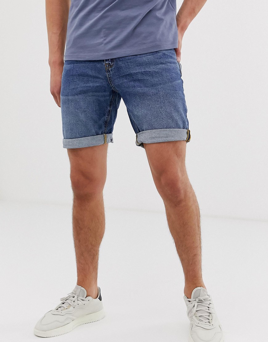 ASOS DESIGN – mörktvättade jeansshorts i slim fit-Blå