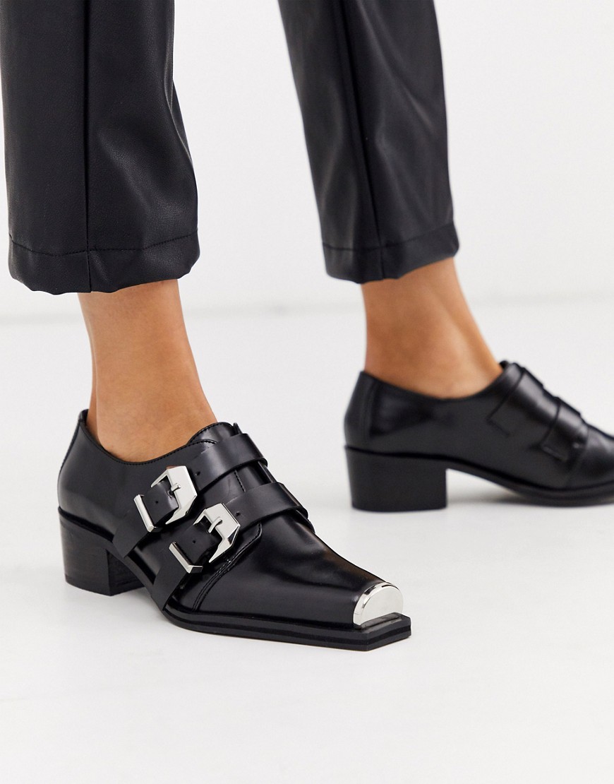 ASOS DESIGN Morning leather monk flat shoes in black
