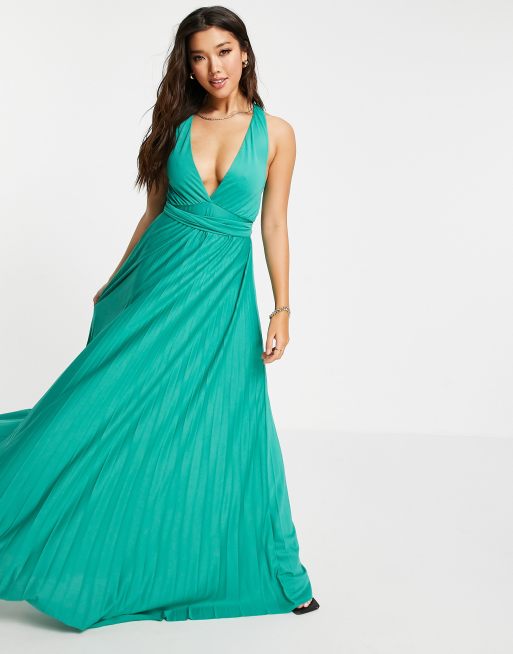 ASOS DESIGN – Morska plisowana sukienka maxi z głębokim dekoltem typu halter, ramiączkami krzyżującymi się na plecach i wiązaniem