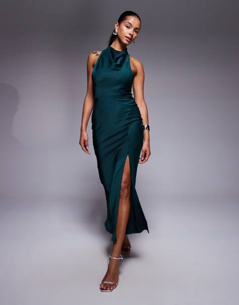 ASOS DESIGN satin high neck midi dress with cross strap detail in teal