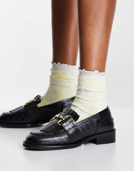 ASOS DESIGN - Mortice - Mocassins en cuir effet croco avec franges - Noir