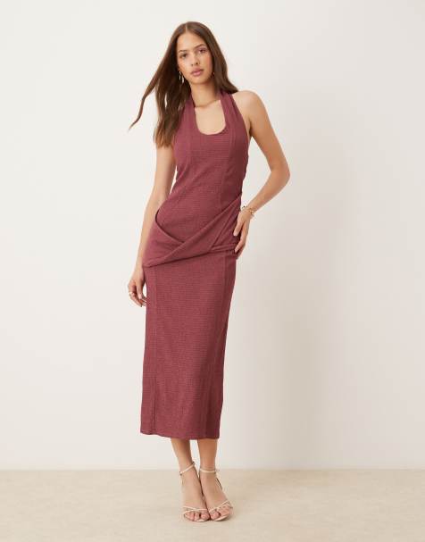 ASOS DESIGN textured halter drape waist midi dress in mulberry