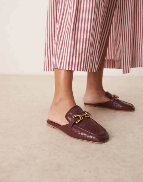 ASOS DESIGN Mosaic flat loafer mules in burgundy weave - view 1