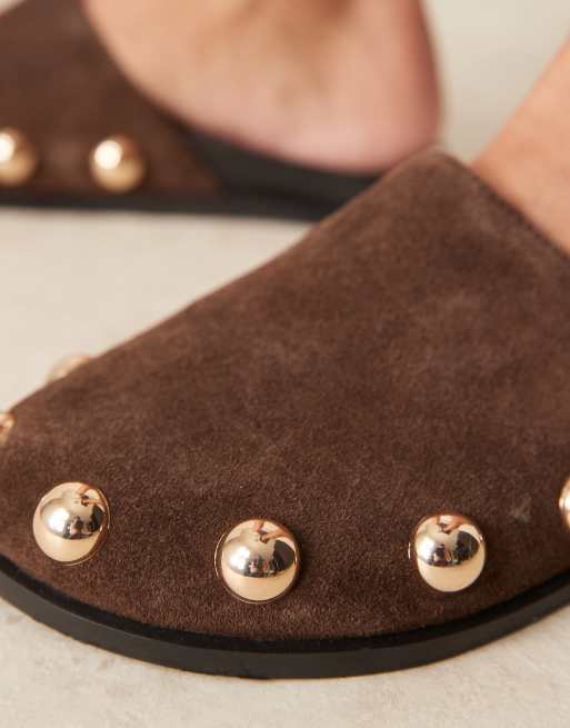 ASOS DESIGN Motion leather flat mules in brown suede