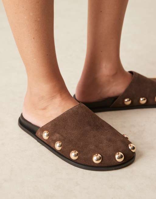 ASOS DESIGN Motion leather flat mules in brown suede
