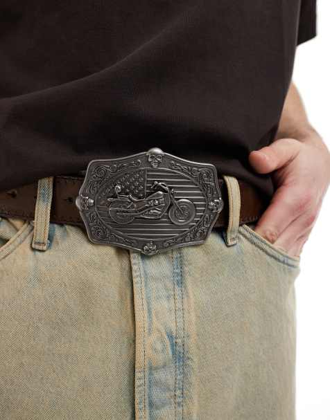 ASOS DESIGN - Moto Americana - Cintura in pelle sintetica marrone con cuciture a sopraggitto e fibbia con placca - view 1