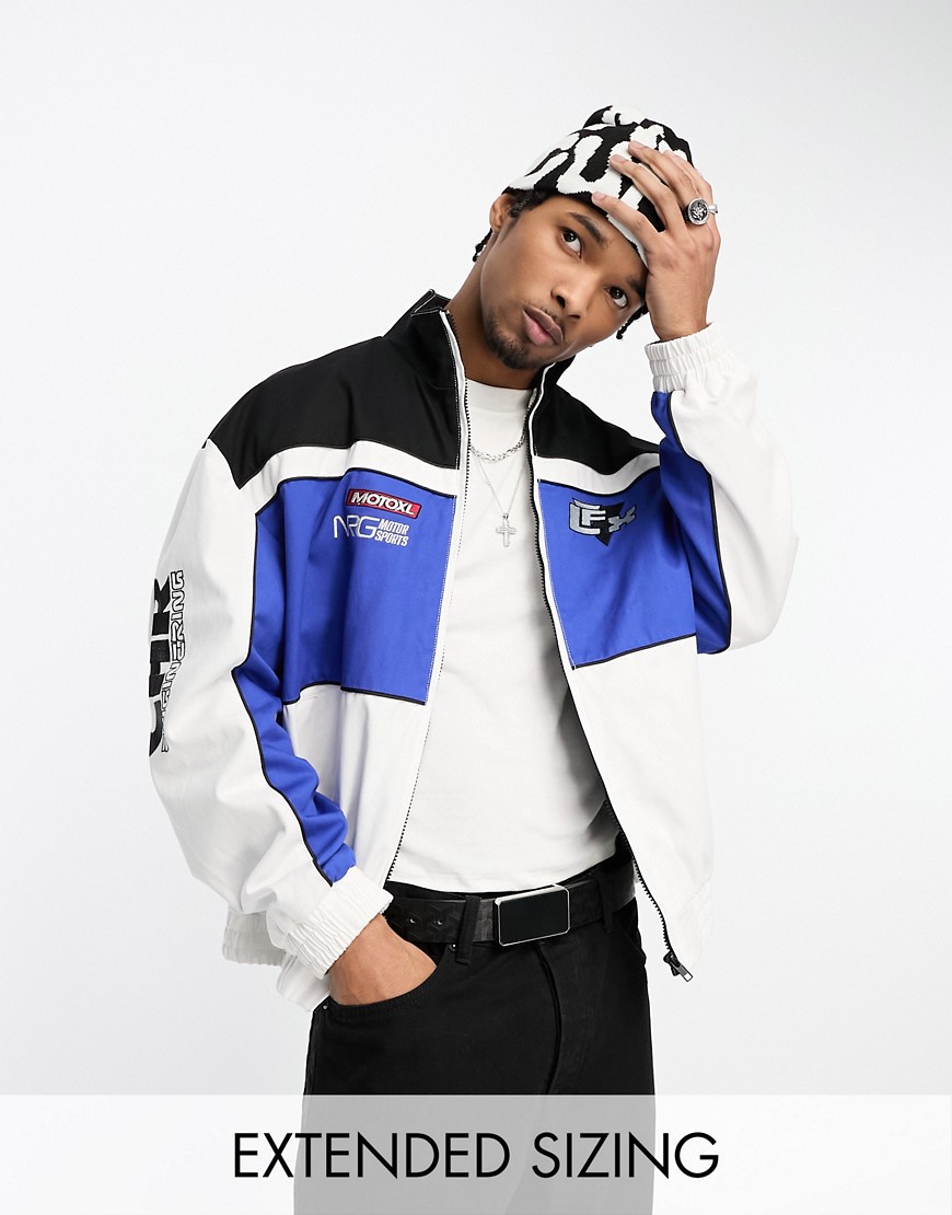ASOS DESIGN motocross bomber jacket with badging in blue and white