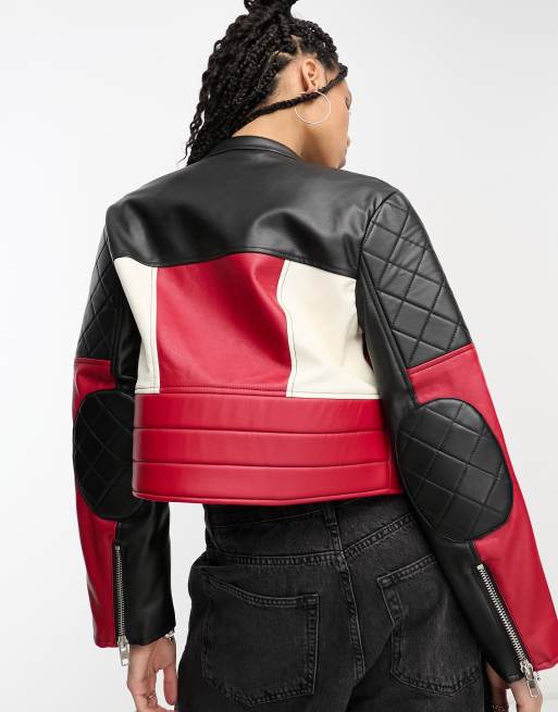 Pull&Bear motorcross faux leather jacket in red, black & white