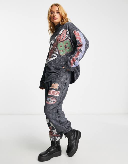 ASOS DESIGN motocross graphic trackies in washed grey (part of a set)
