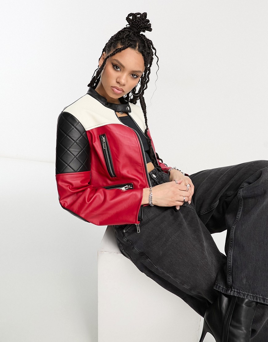 ASOS DESIGN motorcross faux leather jacket in red