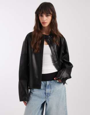 Asos Design Motorsport Leather Look Moto Jacket In Black
