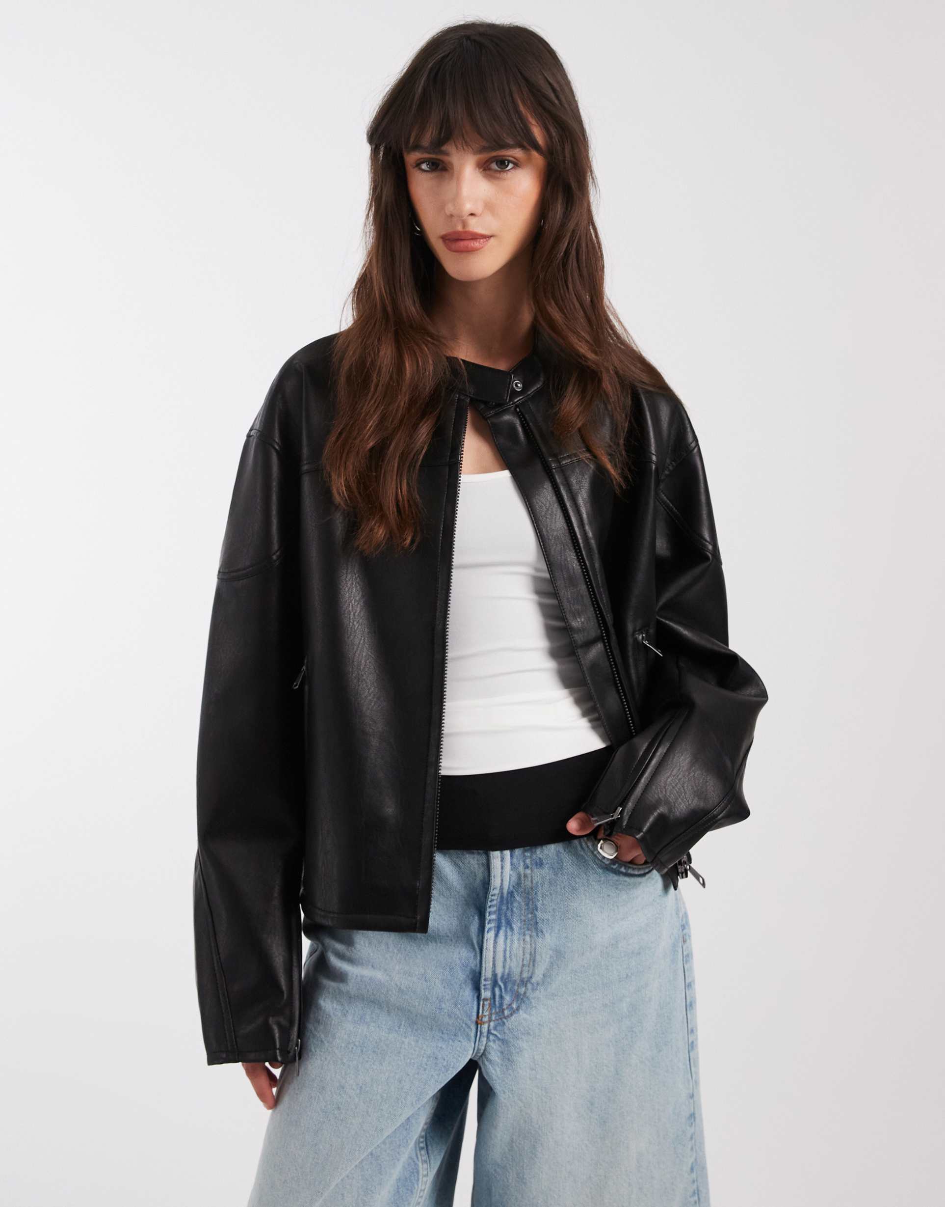 asos design motorsport leather look moto jacket in black