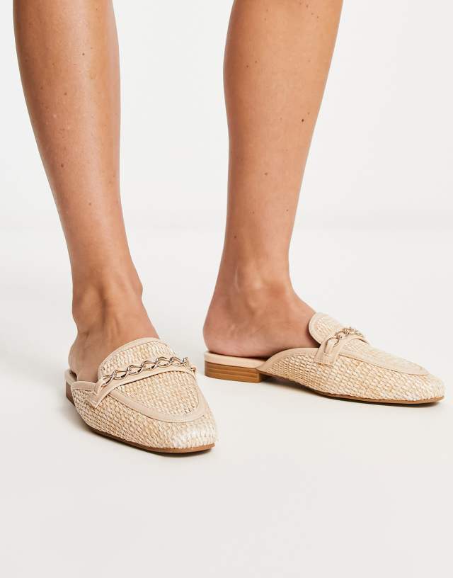 ASOS DESIGN Motto chain flat raffia mules in beige