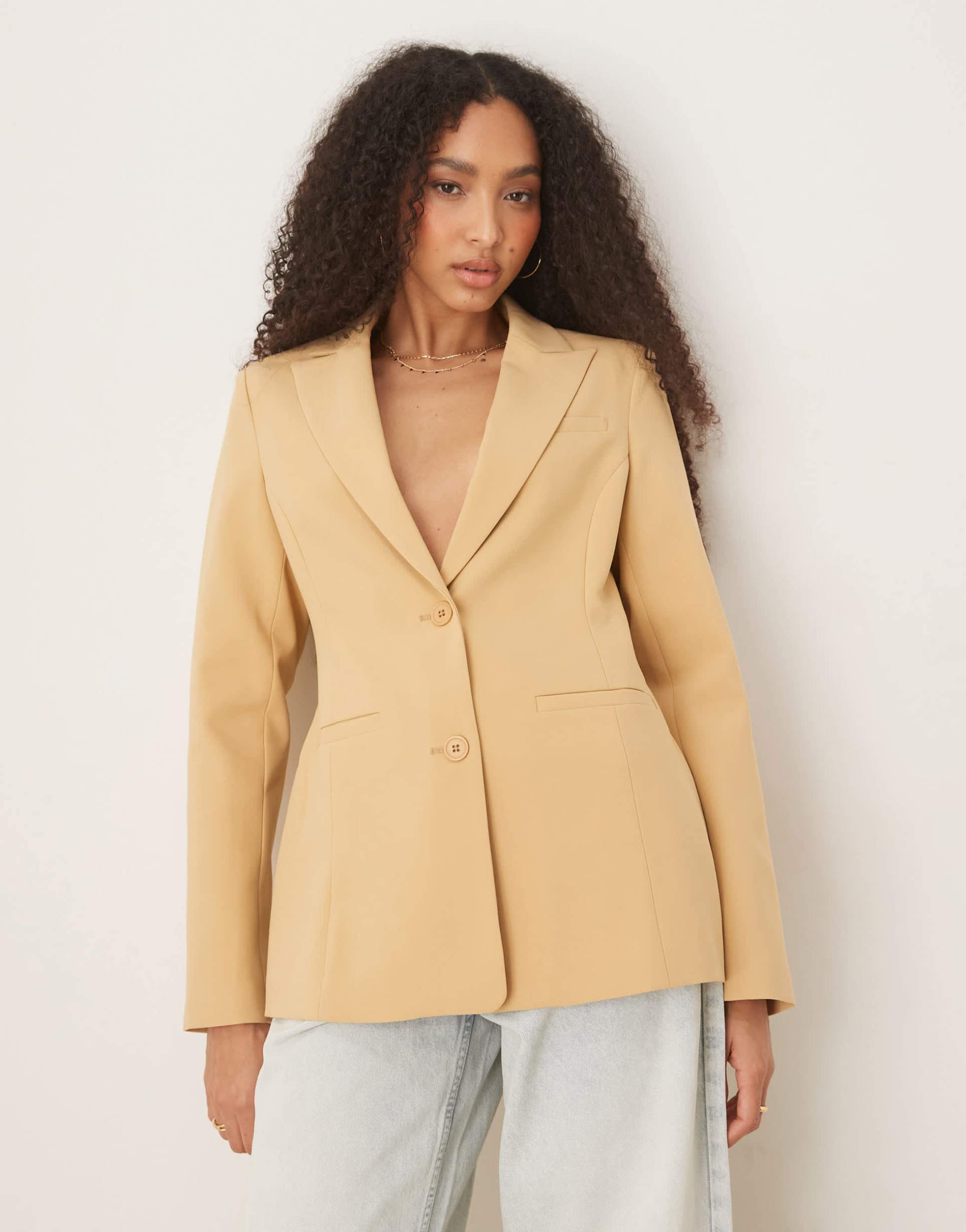 asos design moulded hip blazer in caramel