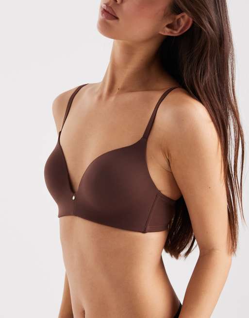 ASOS DESIGN moulded non wired padded bra with charm detail and embossed straps in chocolate, 4 of 4