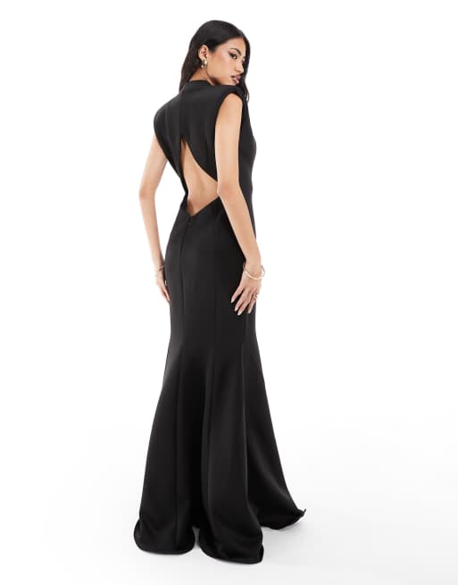 ASOS DESIGN moulded plunge fishtail maxi dress in black in scuba-style fabric, 2 of 4