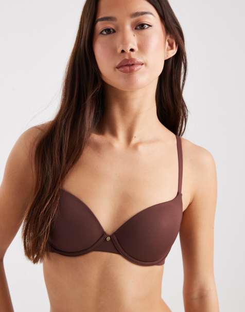 ASOS DESIGN moulded t-shirt bra with charm detail and embossed straps in chocolate - view 1
