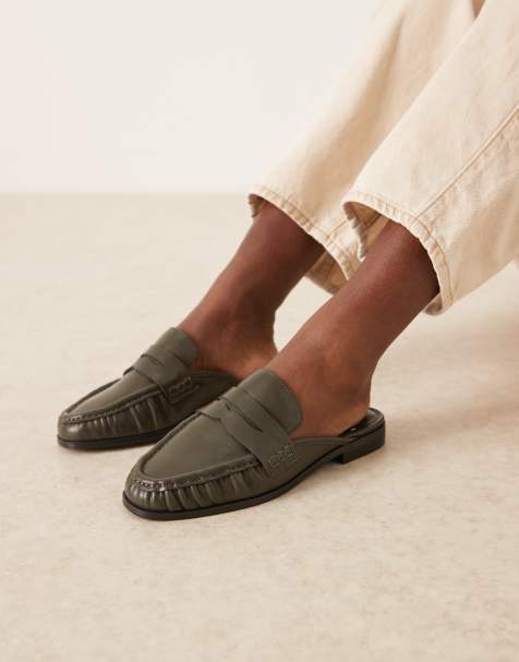 ASOS DESIGN Mouse ruched detail loafer mules in dark green - view 1