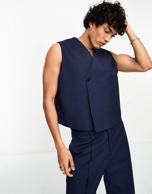 ASOS DESIGN - Mouwloos colbert van slublinnen in marineblauw