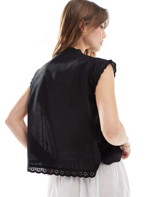 ASOS DESIGN - Mouwloos overhemd met broderierandjes in zwart, 4 van 4