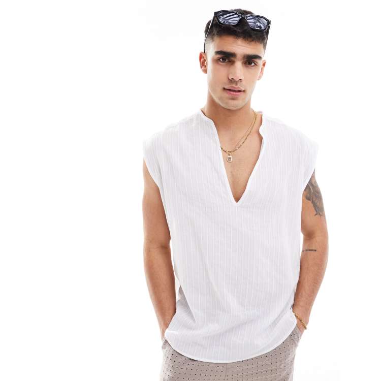 ASOS DESIGN Mouwloos overhemd zonder sluiting van katoenen jacquard in wit ASOS