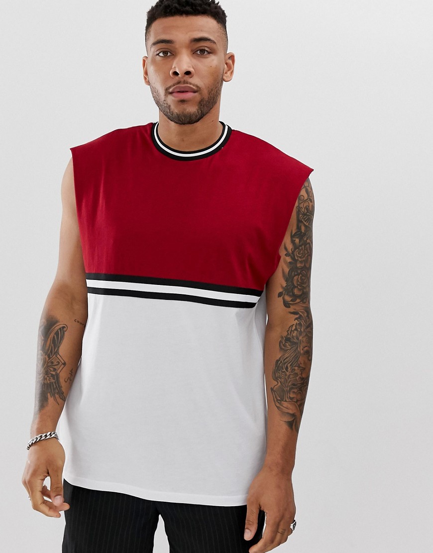 ASOS DESIGN - Mouwloos, oversized T-shirt met contrasterende schouderpas en tape-Rood