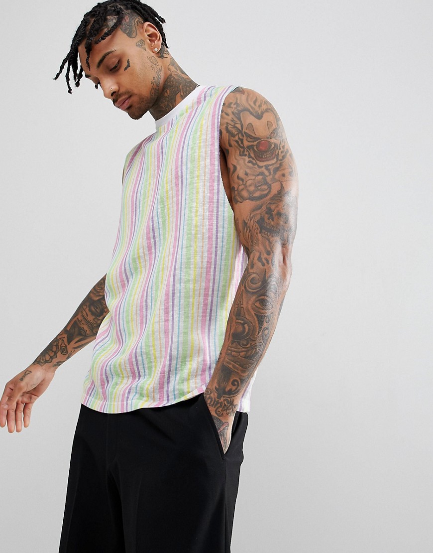 ASOS DESIGN - Mouwloos T-shirt met verlaagd armsgat en verticale strepen in pastel, in linnenachtige stof-Multi