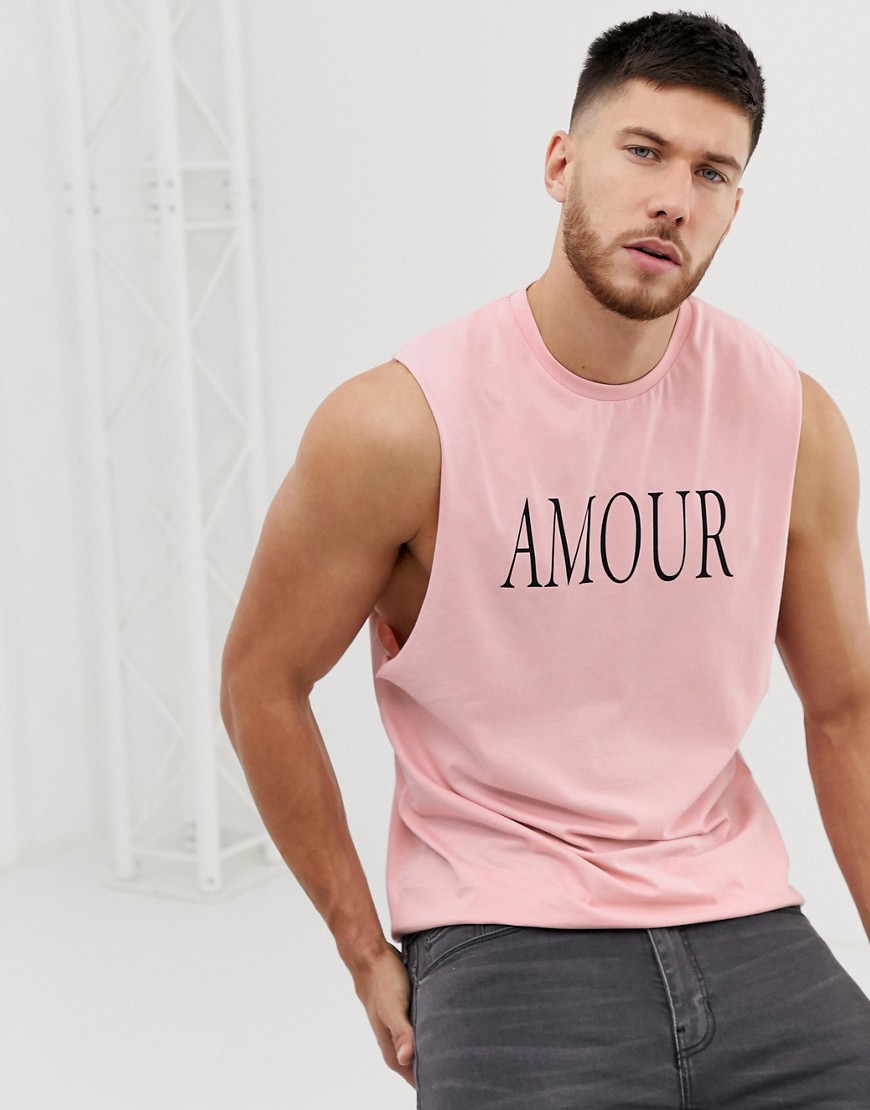 ASOS DESIGN - Mouwloos T-shirt met verlaagde armsgaten en tekstprint-Roze