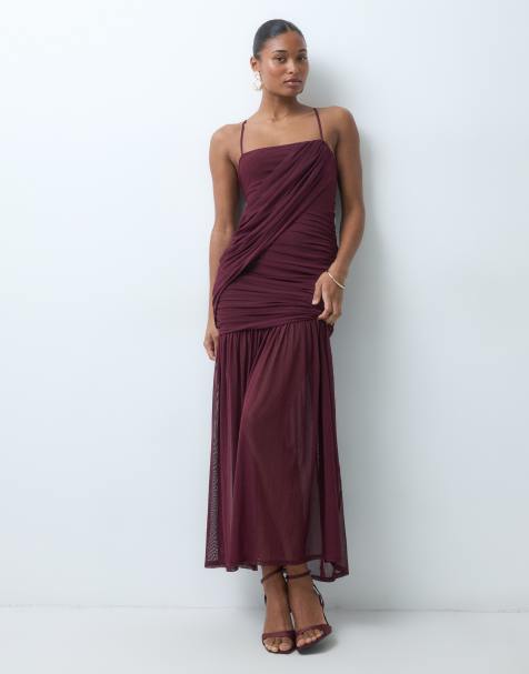 ASOS DESIGN mouwloze asymmetrische mesh maxi-jurk in pruimkleur - view 1