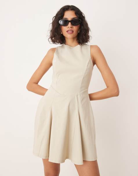 ASOS DESIGN - Mouwloze bengaline mini-jurk met korsettaille in stone - view 1