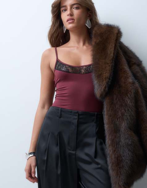 ASOS DESIGN mouwloze body met kanten afwerking in donkerbruin - view 1