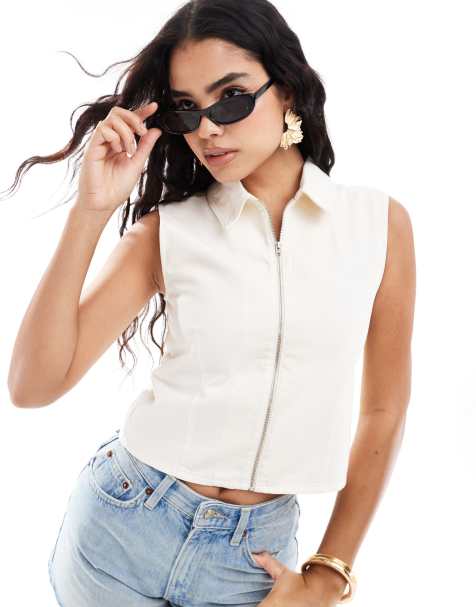 ASOS DESIGN - Mouwloze denim top met rits in ecru - view 1