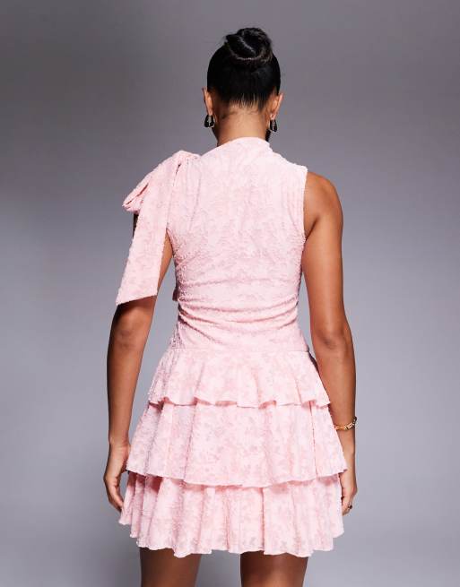 ASOS DESIGN - Mouwloze devoré mini jurk met strikdetail en ruches in lichtroze, 2 van 4