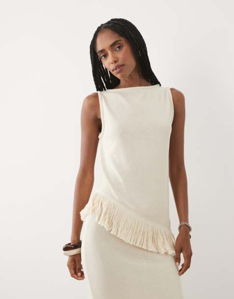 ASOS DESIGN mouwloze gebreide co-ord top met kwastje in crème - view 1