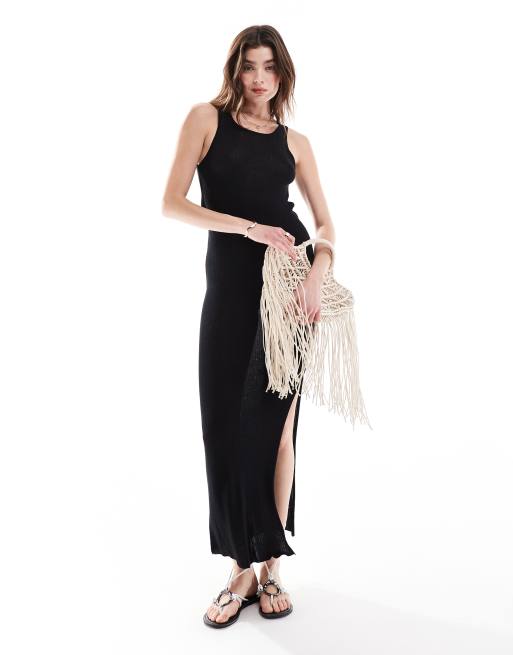 ASOS DESIGN - Mouwloze gebreide doorschijnende midaxi jurk met uitsnijding en hardware-detail in zwart