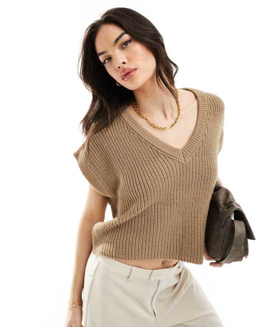ASOS DESIGN - Mouwloze gebreide tanktop met V-hals en zijsplitten in mokka