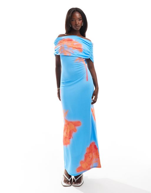 ASOS DESIGN - Mouwloze geribbelde maxi-jurk met bardot halslijn en oversized bloemenprint in blauw