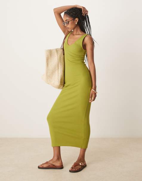 ASOS DESIGN - Mouwloze geribbelde midaxi jurk met V-hals in groen - view 1