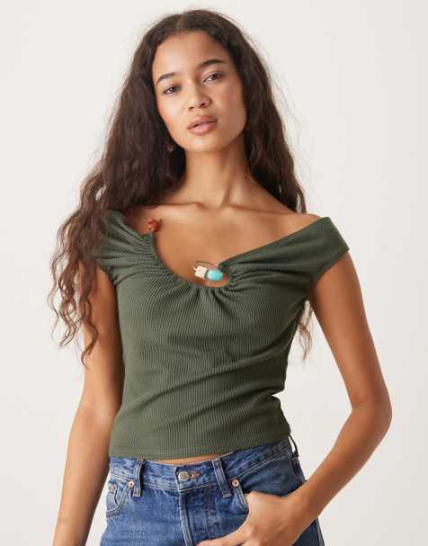 ASOS DESIGN - Mouwloze geribbelde top in kaki met kralen - view 1