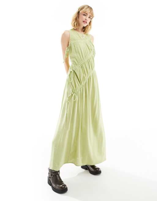ASOS DESIGN - Mouwloze gerimpelde maxi-jurk met linnenlook in saliegroen