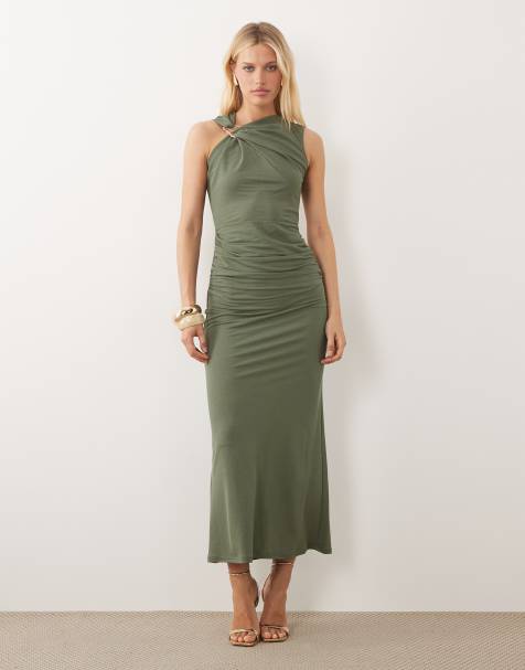 ASOS DESIGN - Mouwloze gerimpelde midi-jurk met afwerking in kaki - view 1