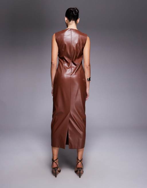 ASOS DESIGN - Mouwloze gerimpelde midi jurk met leerlook in lichtbruin, 3 van 4