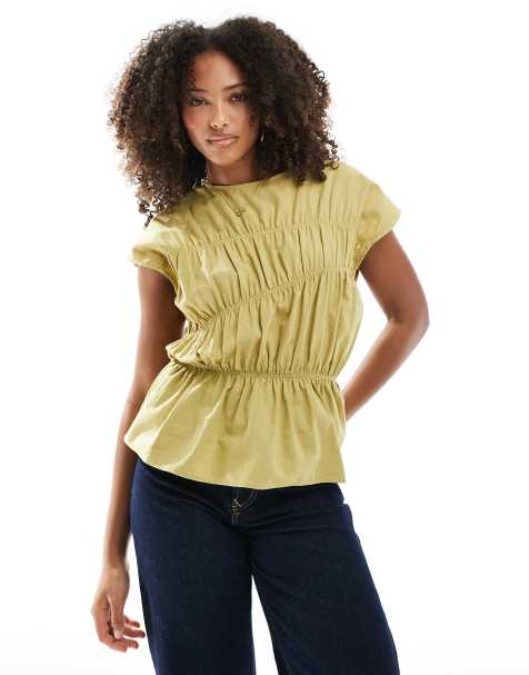 ASOS DESIGN - Mouwloze gerimpelde top met piping in kaki - view 1